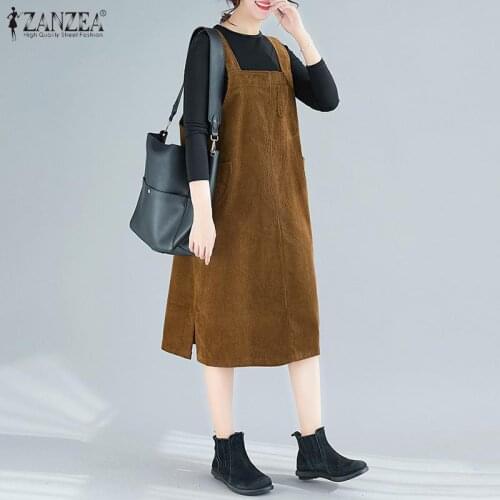 Vintage Corduroy Overalls Dress Womens Autumn Sundress ZANZEA 2021 Casual Suspender Vestidos Female Button Split Robe Femme