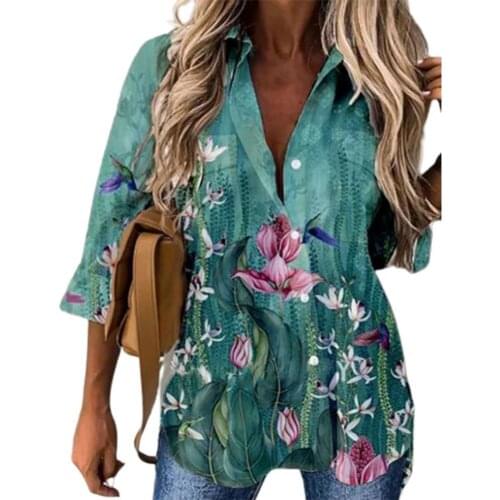 Fashion Women Loose Shirt Elegant Floral Print Office Ladies Blouse Turn-down Collar Plus Size Casual Shirt Streetwear