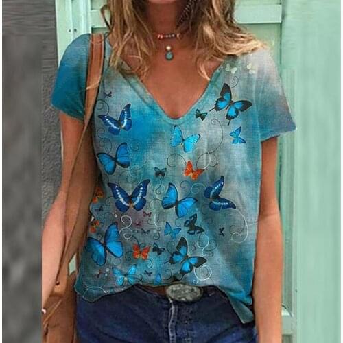 Womens Summer Fashion Butterfly Printed Short Sleeve Graphic T Shirts Cotton Plus Size Tops