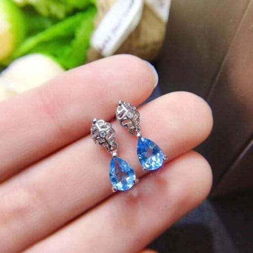 Natural blue topaz drop earrings S925 silver natural Gemstone drop earrings Restoring Hollowing water dropWomen gifts jewelry