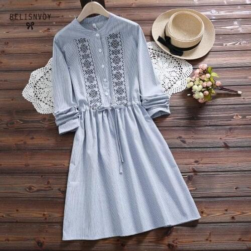 Spring Autumn Striped Embroidery Dress Womens Casual Long Sleeved Stand Collar Small Fresh Cotton Linen Tunic Dresses