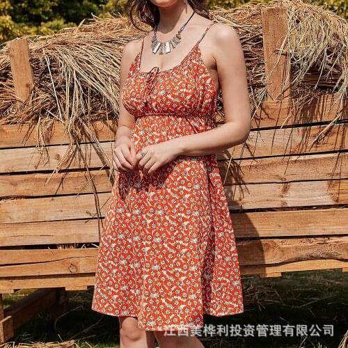 New Summer French Countryside Sexy Floral Lace Up Open Back Dress Vintage Chiffon Print Sexy 2021 Summer Party Long Skirt Female