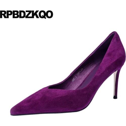 3 Inch Shoes High Heels Thin Scarpin Medium Stiletto Casual 2021 Women Pumps Pointed Toe Suede Purple Black Slip On Size 4 34