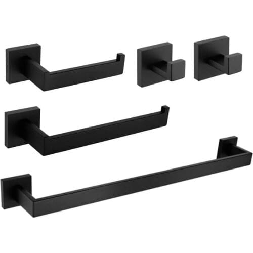 4pcs-Matte black bathroom towel bar wall-mounted stainless steel towel rack toilet paper holder hook ring Rack Set