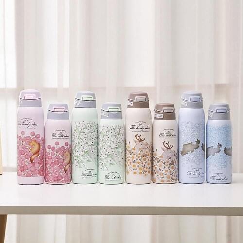50%HOT350/480ml Simple Cartoon 304 Stainless Steel Vacuum Cup Flask Bottle with Straw