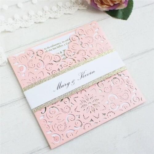 Wedding invitation paper pink laser cut pocket glittery belly band customized insert card printing 50pcs