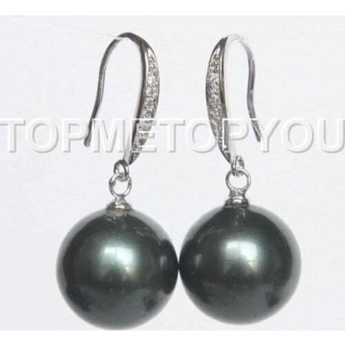 Free shipping Hot sale >>>>jewe 16mm round black south sea shell pearl Earrings 925 silver