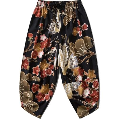 Hip Hop Japanese Thin Japan Style Trousers Floral Printed Baggy Calf-length Pants Harajuku Joggers Men Trousers Streetwear Black