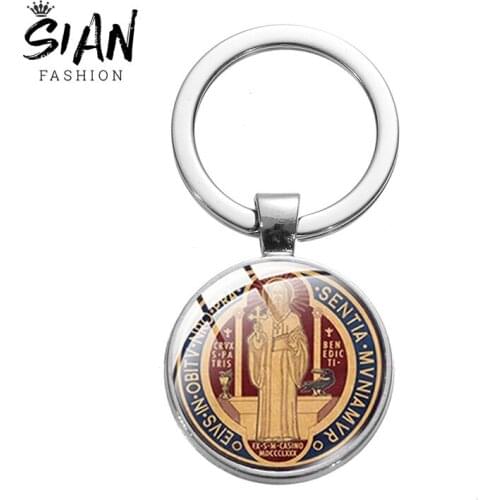 SIAN Saint Benedict Medallion Keychains Keyrings Glass Cabochon Pendant Key Chain Ring Holder Metal Key Chain Gifts Accessories
