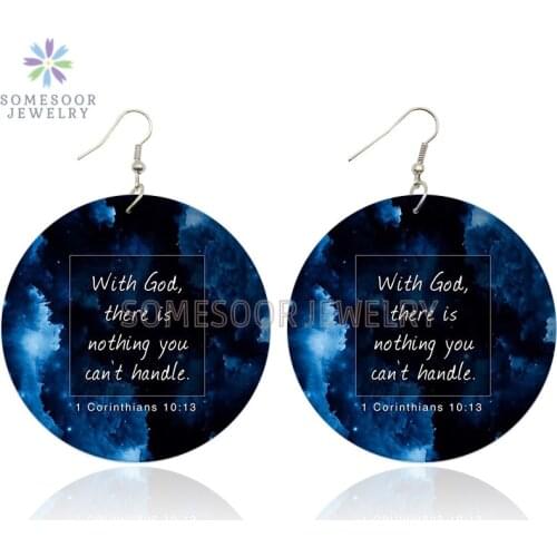 SOMESOOR Christian Bible Sayings Design Printed Wooden Drop Earrings With God Nothing Can't Be Handle Writings For Women Gifts