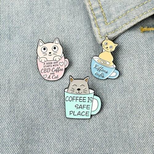 Coffee Cats Enamel Pins Catpuccino Kitten Cups Brooch Bag Clothes Lapel Pin Pet Badge Animal Jewelry Gift for Friends