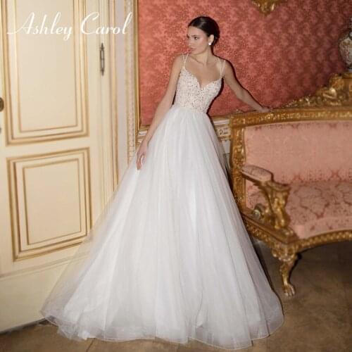 Ashley Carol A-Line Wedding Dress 2021 Romantic Beaded Sweetheart Spaghetti Straps Backless Bridal Dresses Vestido De Noiva