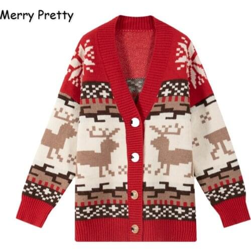 MERRY PRETTY Womens Christmas Knitted Sweaters Cartoon Reindeer Embroidery Knit Cardigan Single-breasted V-Neck Loose Sweater