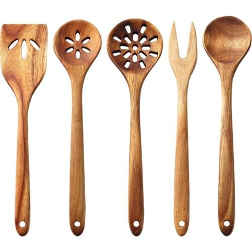 5pcs/Set Natural Wood Tableware Spoon Colander Spoon Special fork Cooking Spoon Wooden Kitchen Utensils Tool Kit High Quality