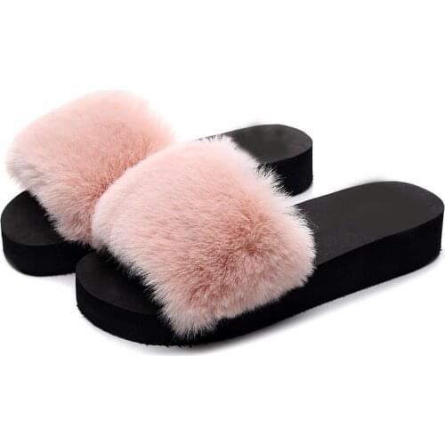 Fashion Women Outdoor Fur Slippers Flat Sandals Plush Casual Shoes Home Slippers Comfortable Shoes Furry Slides Wedges Sandals