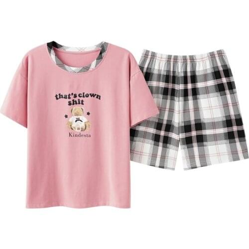 New Summer Sleepwear Cotton Womens Pajama Set Cartoon Girl Home Suit With Plaid Shorts Cute Pijamas Casual Comfort Pyjamas 2PCS