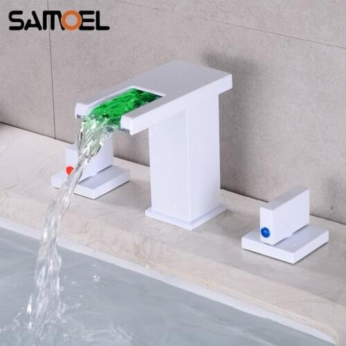 New Arrival Brass LED Light 3 Color White 3-Hole Dual Handle Waterfall Bath Tub Faucet Bathroom Basin Sink Water Mixer Tap W3063