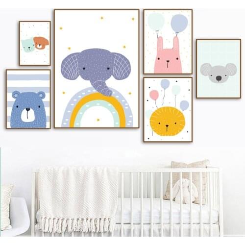Nordic Posters And Prints Cartoon Bear Rabbit Koala Rainbow Balloon Wall Art Canvas Painting Wall Pictures Baby Kids Room Decor