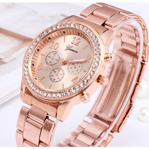 Luxury Fashion Women Watch Geneva Rhinestone Stainless steel Fake Three Eyes Quartz Watch for Women Lady Watch Relógio Femino