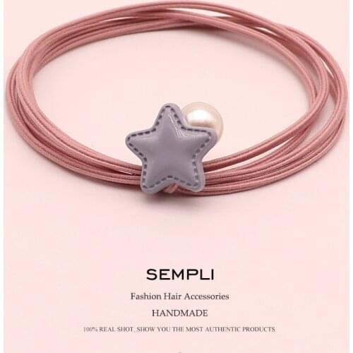 Sempli 5 Colors Pentagram Pearl Handmade Girls Hand Knotted Women Elastic Hair Bands Kid Children Rubber Bands High Elasticity