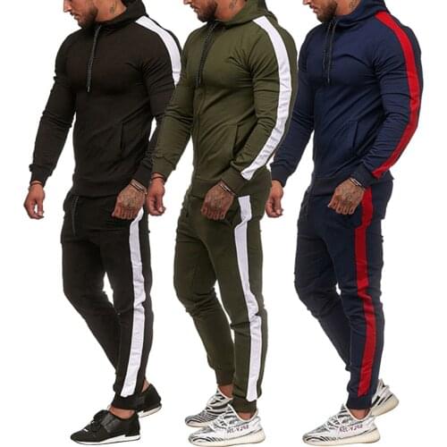 Mens Hooded Tracksuit Sets Sportswear Autumn Winter Patchwork Zipper Hooded Sweatshirt+Pants Jogger 2Pcs Sport Clothes Sets