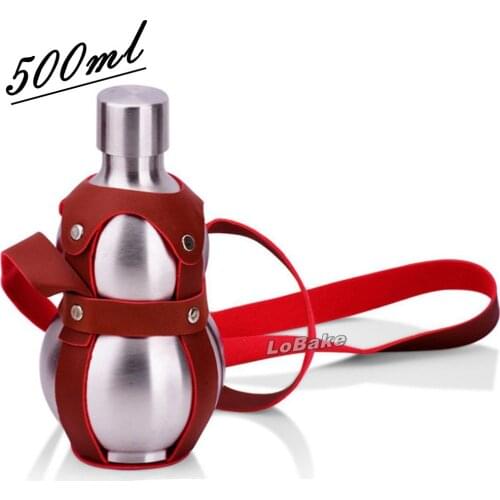 Medium size 500ml stainless steel Gourd shaped wine bottle with leather belt portable flask liquor whisky alcohol drinkware