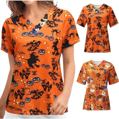 Nurse Uniform Women Plus Size Halloween Printed Short Sleeve V-neck Pumpkin Ghost Pattern Tops Uniformes Clinicos Mujer T-shirts