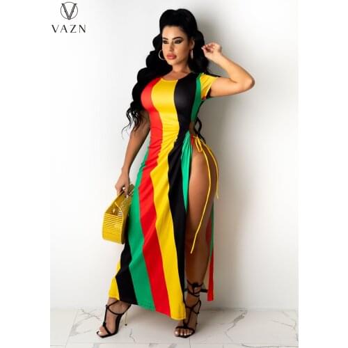 VAZN Age reduction Sweet Bandage Shinny Summer Boho V-Neck Short Sleeve Party Beach Striped Maxi Dress Casual Sundress