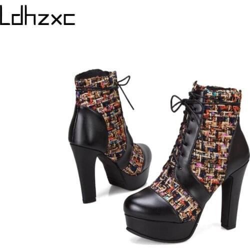 LDHZXC Zipper Women Boots Autumn Black platform Motorcycle Boots for Women High Heels Rubber Soles Winter Shoes Big Size 48