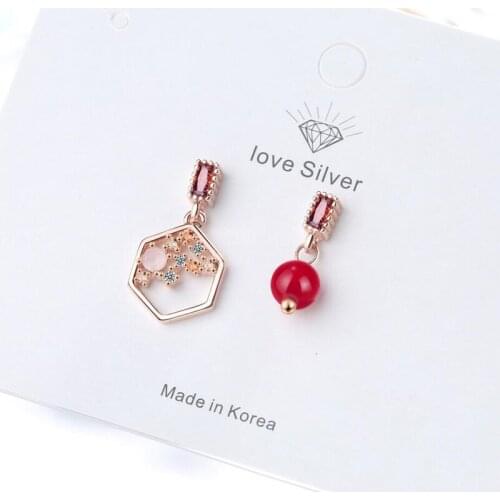 KOFSAC New Trendy 925 Silver Earrings For Women Exquisite Asymmetry Rose Gold Red Bead Zircon Earring Lady Party Jewelry Gifts