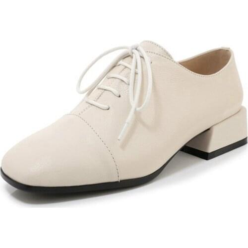 2020 New Genuine Leather Square Toe Lace-Up Women Shoes Two Color Solid Med Heel Casual Pumps Spring and Autumn Daily Shoes