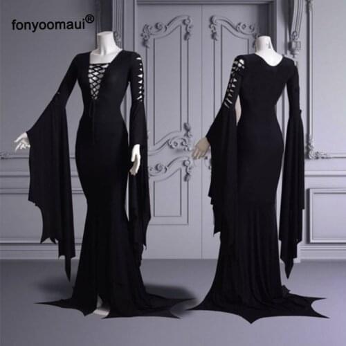 Halloween Cosplay Morticia Addams Floor Dress Costume Adult Women Punk Gothic Witch Vintage Sexy Hollow Lace Up Slim Gown Dress