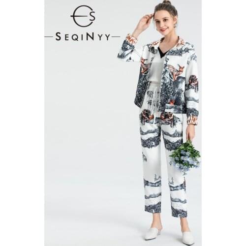 SEQINYY Casual Set Spring Autumn New Fashion Design Women Runway Jacket + Elastic Waist Pants Vintage Animals Flower Print