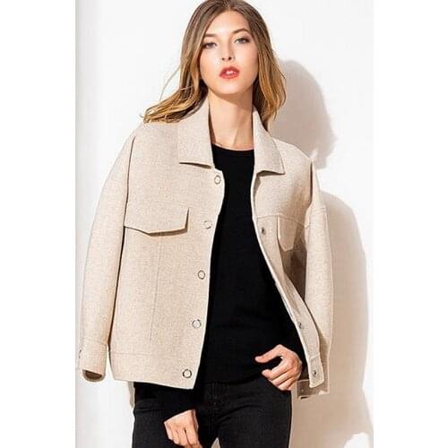 Jacket Women Short Coat 80% Wool 20% Viscose Classic Simple Design Solid Turn-down Collar Pockets 2019 New Fashion