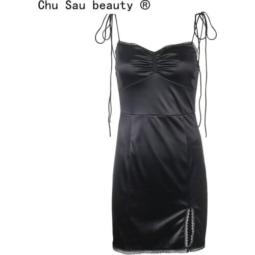 New Fashion Patchwork Lace Sexy Mini Black Sleeveless Dress Women Ruched Tie Up Split Spaghetti Strap Dresses Summer