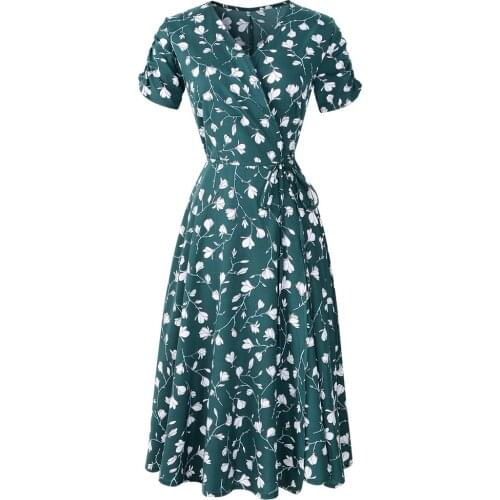 Womens V Neck Holiday Floral Print Dress Ladies Short Sleeve Party Dress Frill Sleeve Elegant Summer Dress Ropa Mujer #G3