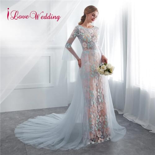 New Arrival Formal Dress Women Elegant Long Sleeves Floral Fabric Tulle Train Fashion Long Dress Evening Gowns