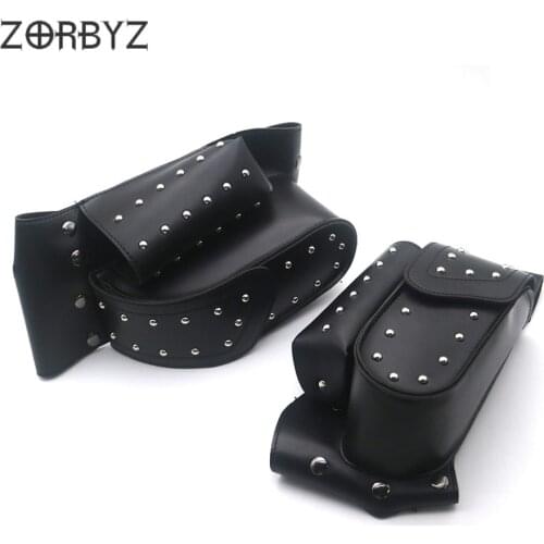 ZORBYZ Artificial leather Metal Spike Saddlebags Guard Bag Water Bottle Holder For Harley Touring Road King Glide Electra Glide