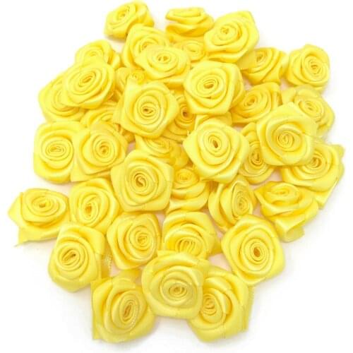 100pcs 25mm Yellow Color Satin Ribbon Roses Flowers Decorative Wedding Bouquets Embellishments