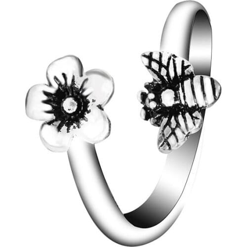 2021 Fashion Jewelry New Trend Vintage Adjustable Flower Bee Rings Anillos Mujer Bague Femme Punk Rings For Women Men Gift