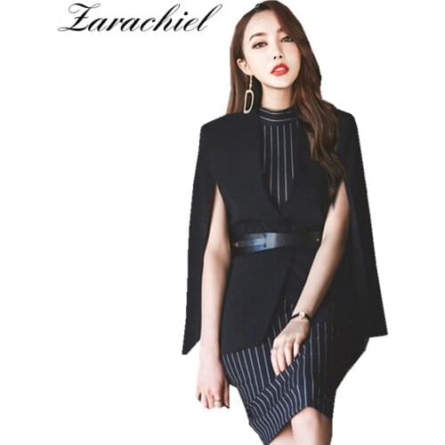 2021 Autumn Winter Two Piece Set 2019 Women Black Shawl Poncho Blazer Suit Jacket Cloak + Striped Sleeveless Bodycon Dress