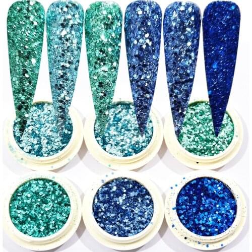6 Pots 3D Blue-Green Colors Nail Glitter Sequins Powder Nail Flakes Hexagon Chunky DIY Nail Pigment Sequins Chunky Glitters kd28
