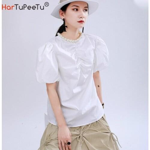 Pearl Collar Blouse Women 2020 Summer Puff Sleeve Tops Black White 2 Colours Pleated Design Plus Size Loose Fit Stylish Shirt