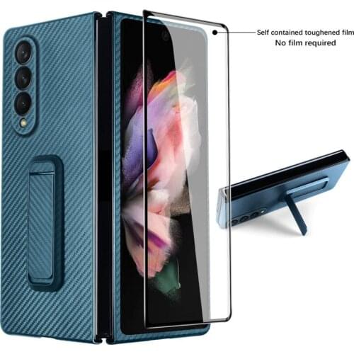 Carbon Fiber Double Sided with Tempered Glass Case for Samsung Galaxy Z Fold 3 Kickstand Matte Cover for Galaxy Z Fold3 Zfold 3