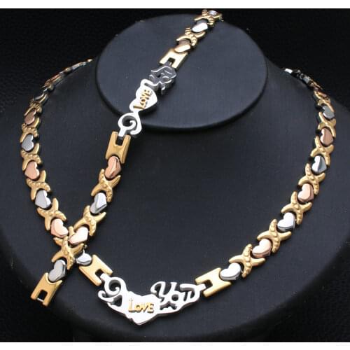 Hot Sell Wholesale Newest Fashion Stainless Steel Metal Silver and gold color Heart Necklace And Bracelet Jewelry Set SFKZBQFI