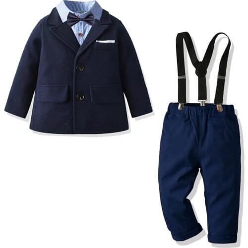 4pcs Baby Boy Formal Clothes Set Children Wedding Baptism Party Gentleman Outfits Navy Blazer Blue Shirts Cotton Pants Bow Ties
