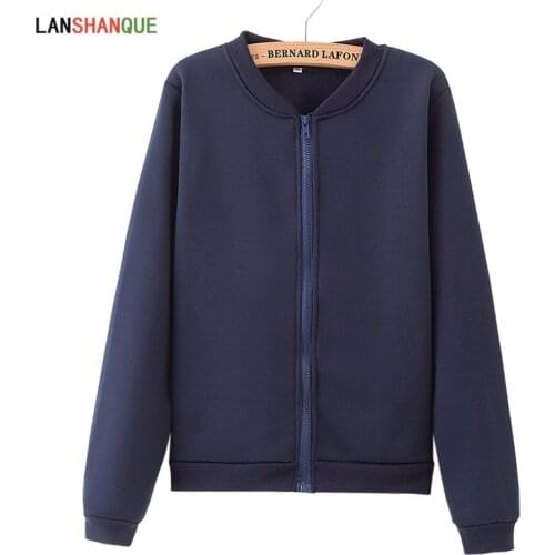 LANSHANQUE Fashion Zip-up Sweatshirts 2018 Black White Pink O Neck Coats Solid Slim Kpop Shirt Tops Tracksuit