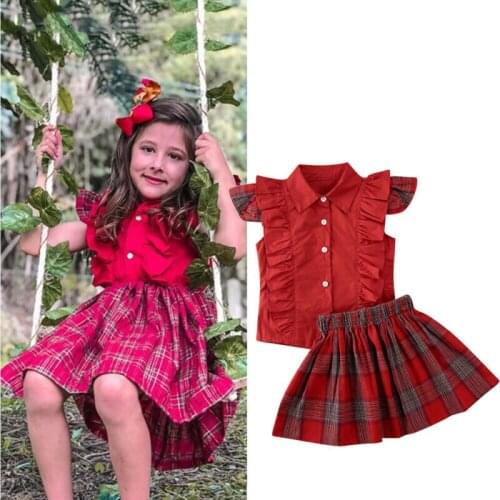 Fashion Toddler Baby Girls Christmas Clothes Sleeveless Ruffle Tops T-Shirt+Checks Plaid Skirt 2PCS Outfits Set