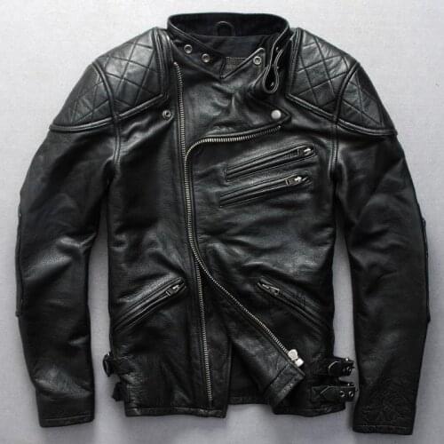 Mens Vintage motorcycle cowhide skulls Oblique zipper genuine leather coat men moto biker jacket male