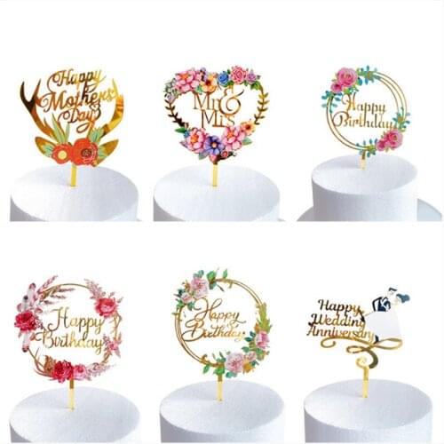 New Happy Anniversary Cake Topper Color Flowers Acrylic Birthday Cake Toppers Valentines Party Decoration Wedding Supplies